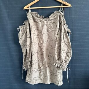 Fanco Green Embroidered Eyelet Lace Sheath Dress No Shoulder Long Sleeve Mini S